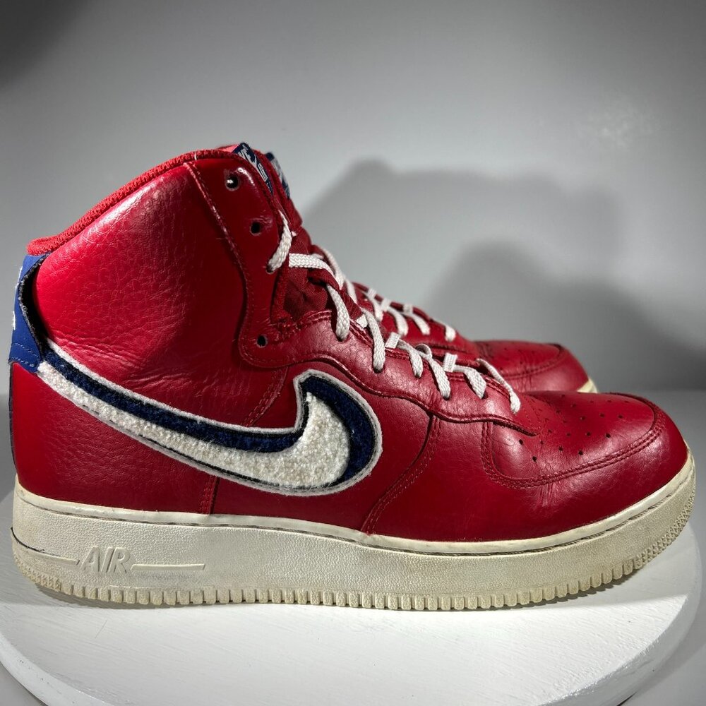 Nike Air Force 1 High Top Red Shoes Mens Size 10 Chenille Swoosh Sneakers AF1 BF - Picture 1 of 12